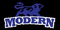 Modern logo featuring a blue lion silhouette running above the word MODERN in bold blue letters